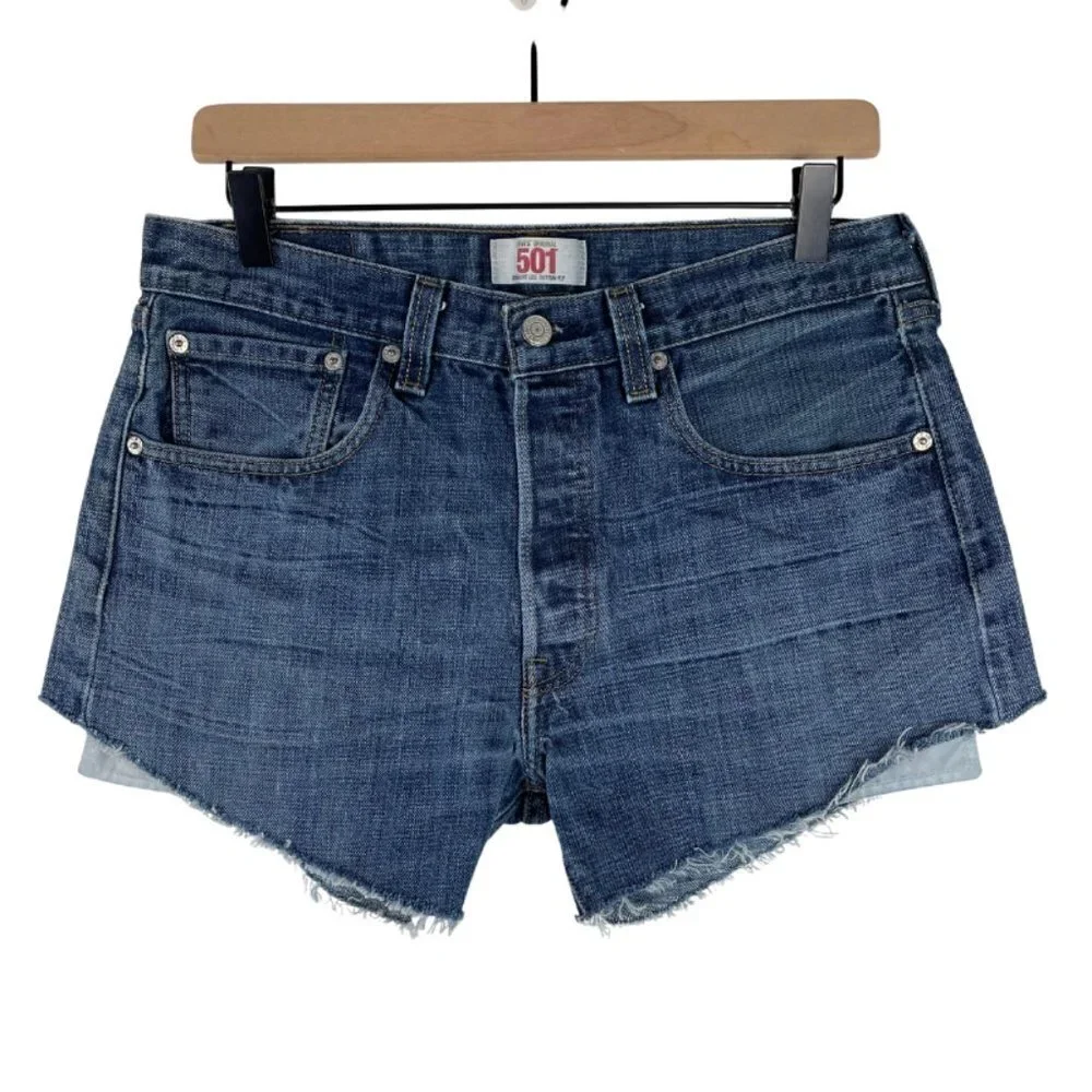 Levis Jean Shorts 30 High Rise Button Fly Raw Hem Cut Off Rigid Denim Casual